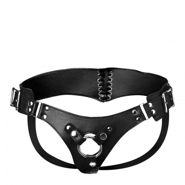 Strict Leather Corset Back Strap On Dildo Harness