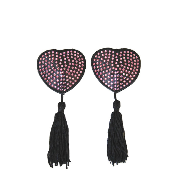 Love in Leather Diamante Heart Pasties with Tassels